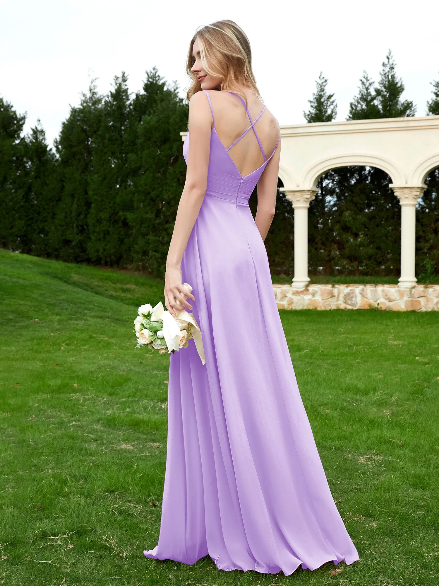 Floor Length V Neck Chiffon Bridesmaid Gown Lilac Plus Size