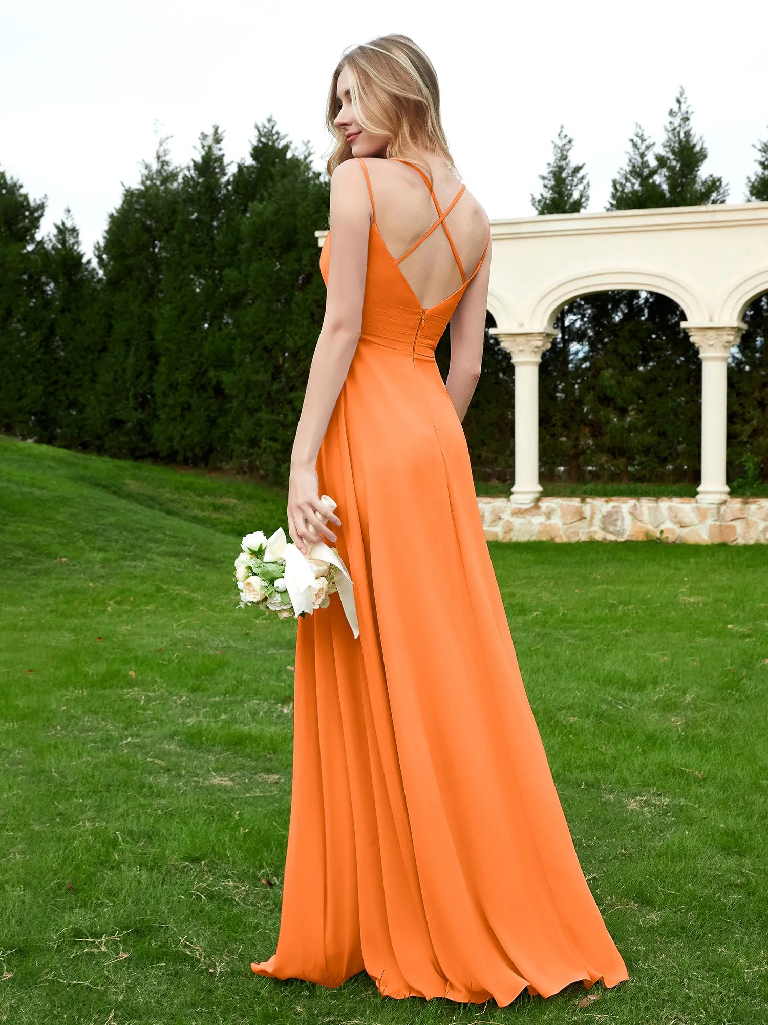 Floor Length V Neck Chiffon Bridesmaid Gown Orange