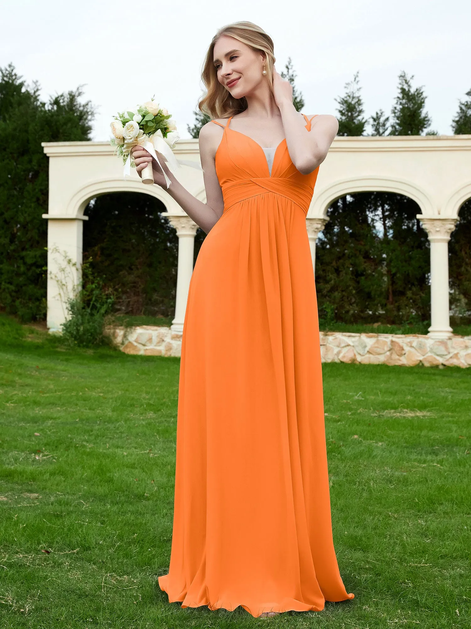 Floor Length V Neck Chiffon Bridesmaid Gown Orange