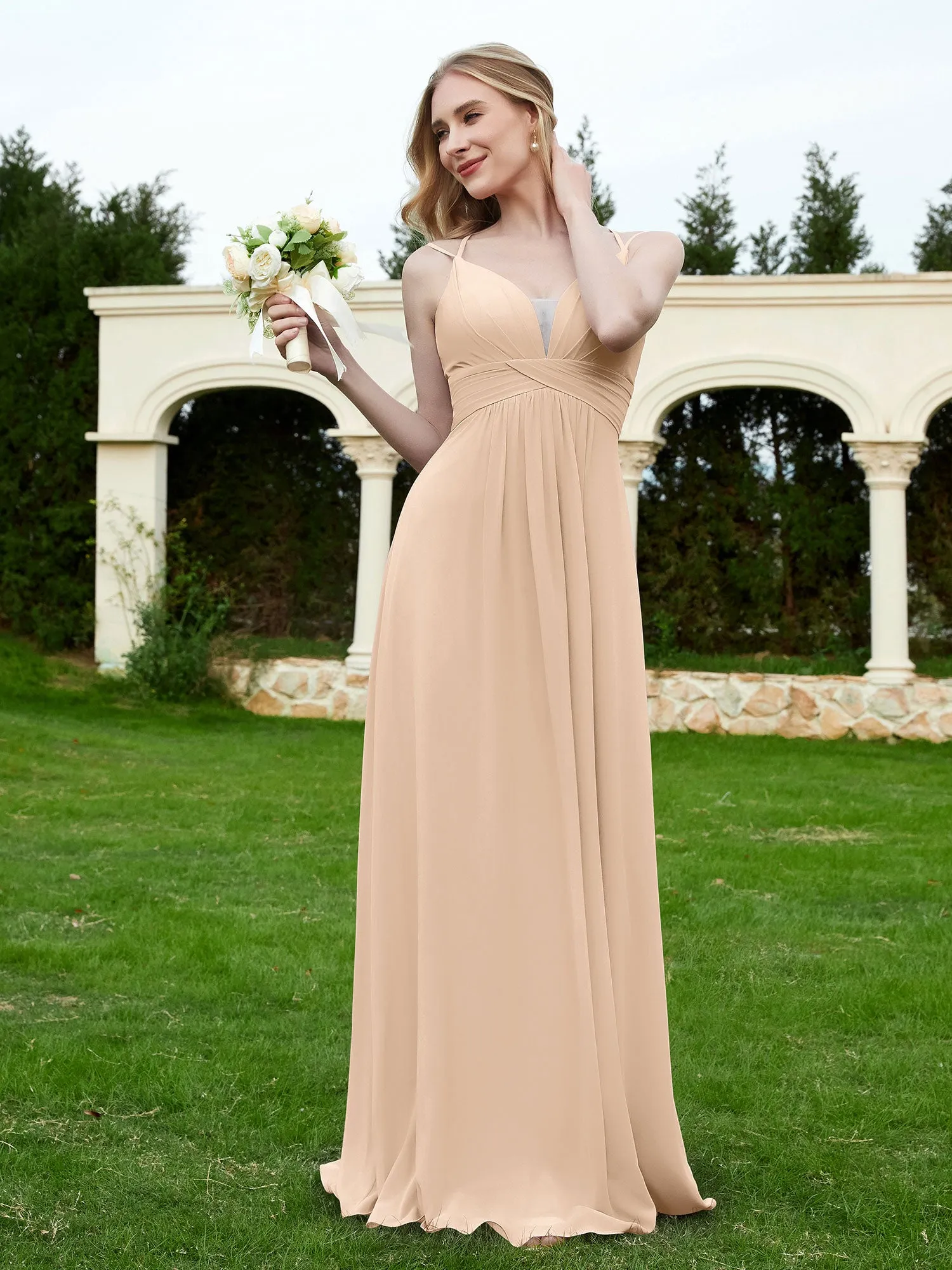 Floor Length V Neck Chiffon Bridesmaid Gown Peach Plus Size