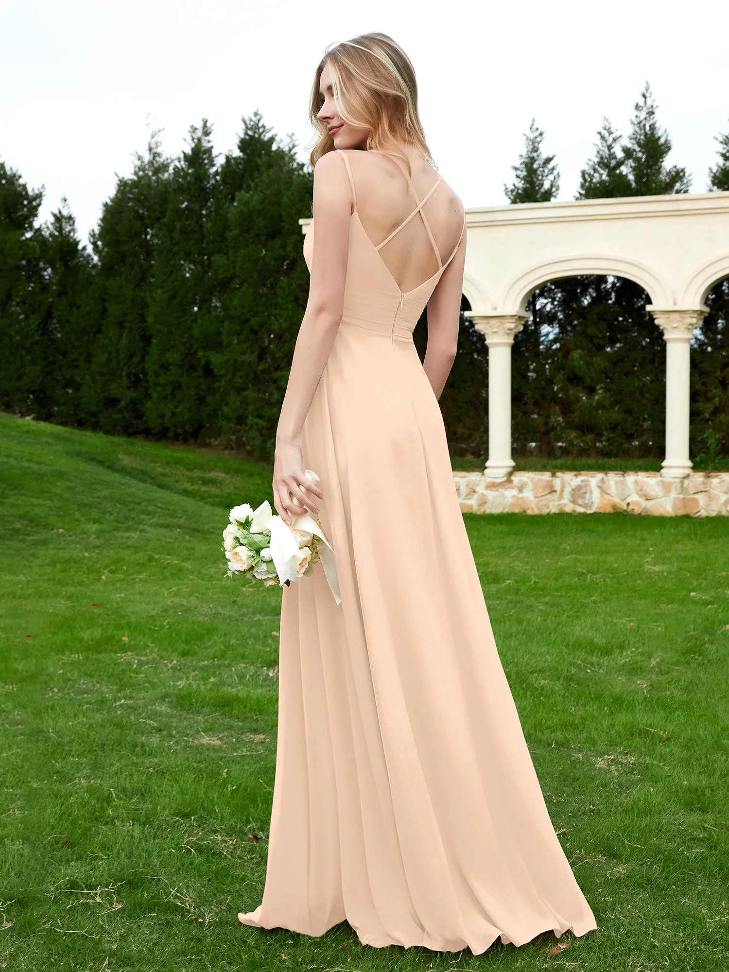 Floor Length V Neck Chiffon Bridesmaid Gown Peach Plus Size