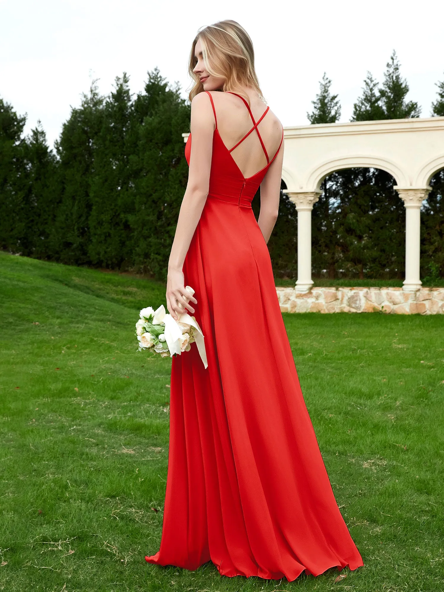 Floor Length V Neck Chiffon Bridesmaid Gown Red Plus Size