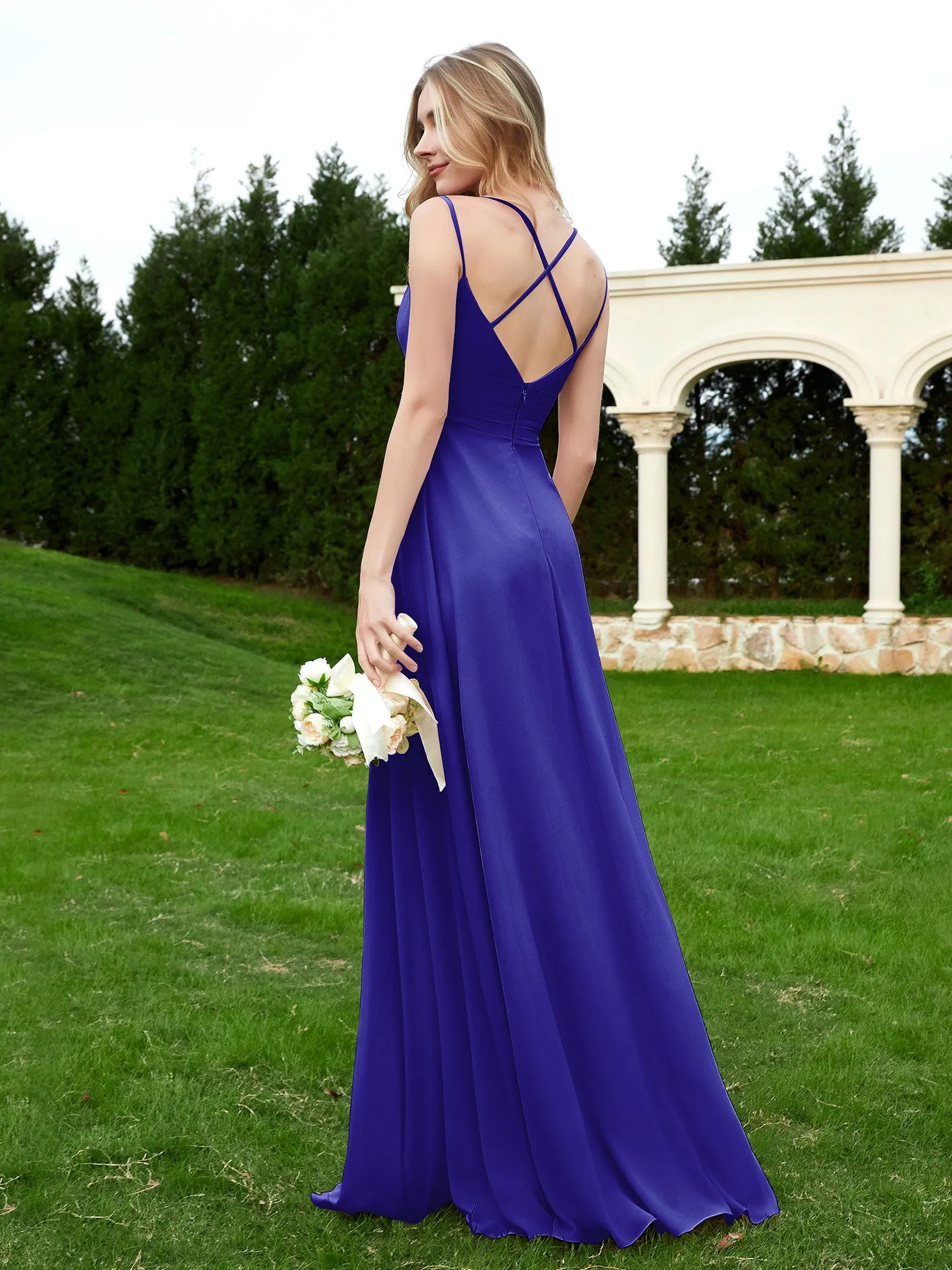 Floor Length V Neck Chiffon Bridesmaid Gown Royal Blue