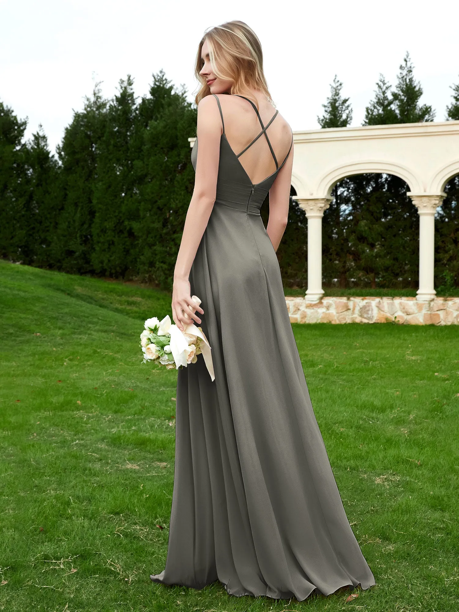 Floor Length V Neck Chiffon Bridesmaid Gown Steel Grey