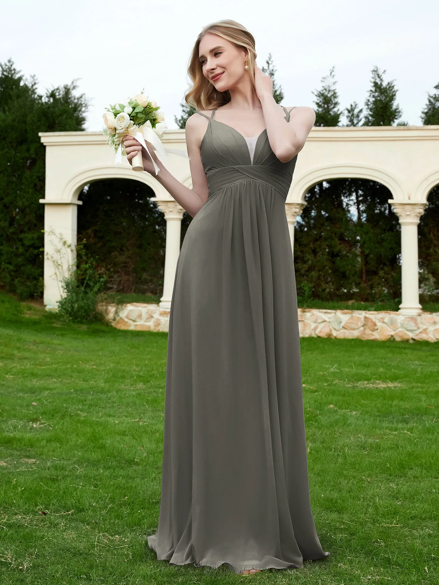 Floor Length V Neck Chiffon Bridesmaid Gown Steel Grey