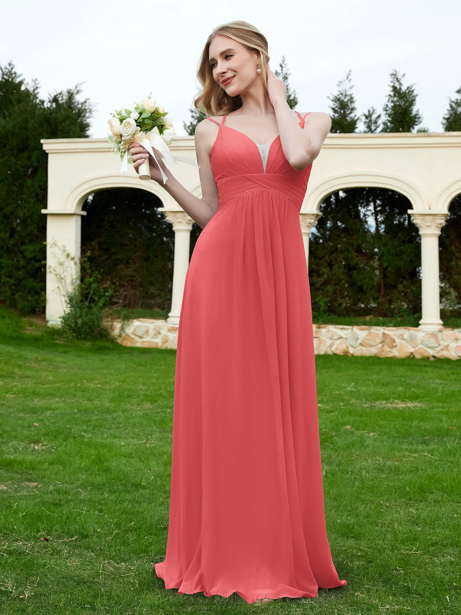 Floor Length V Neck Chiffon Bridesmaid Gown Watermelon