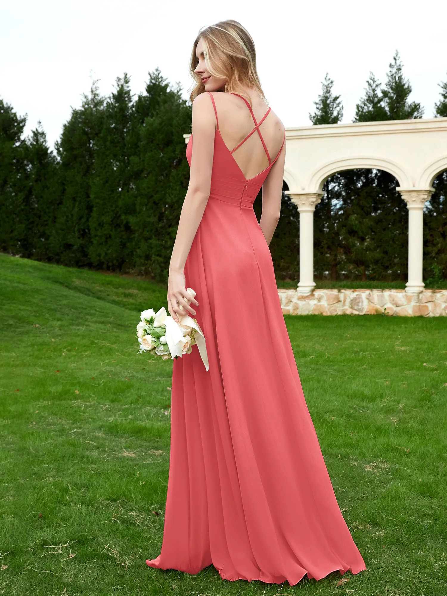 Floor Length V Neck Chiffon Bridesmaid Gown Watermelon