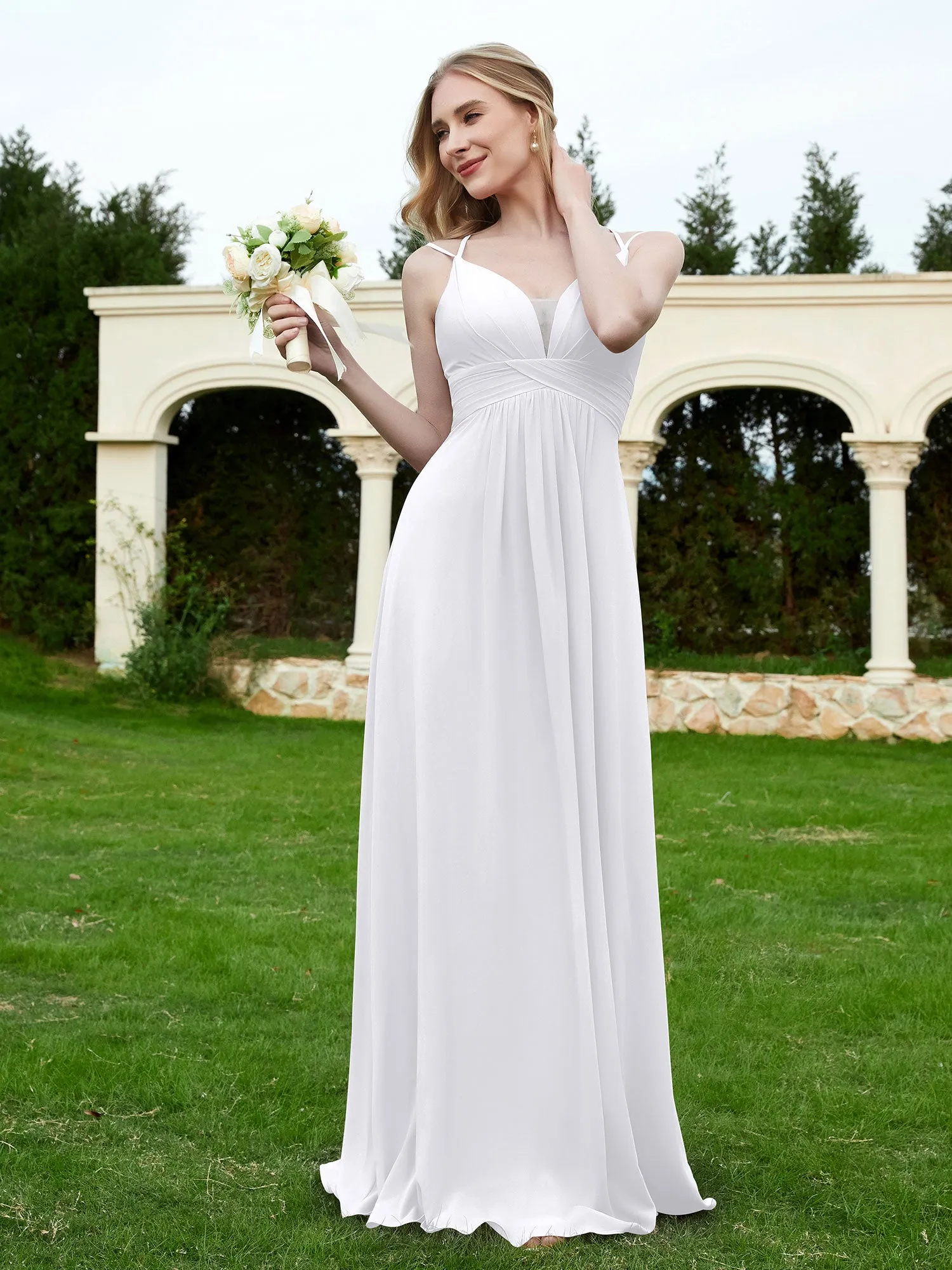 Floor Length V Neck Chiffon Bridesmaid Gown White