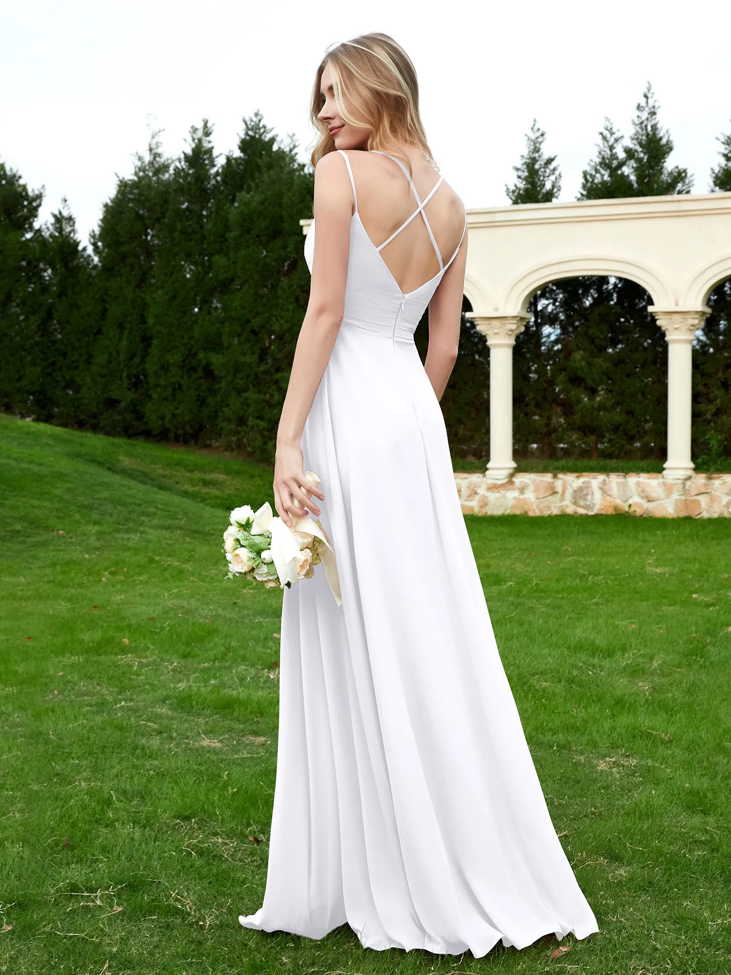 Floor Length V Neck Chiffon Bridesmaid Gown White