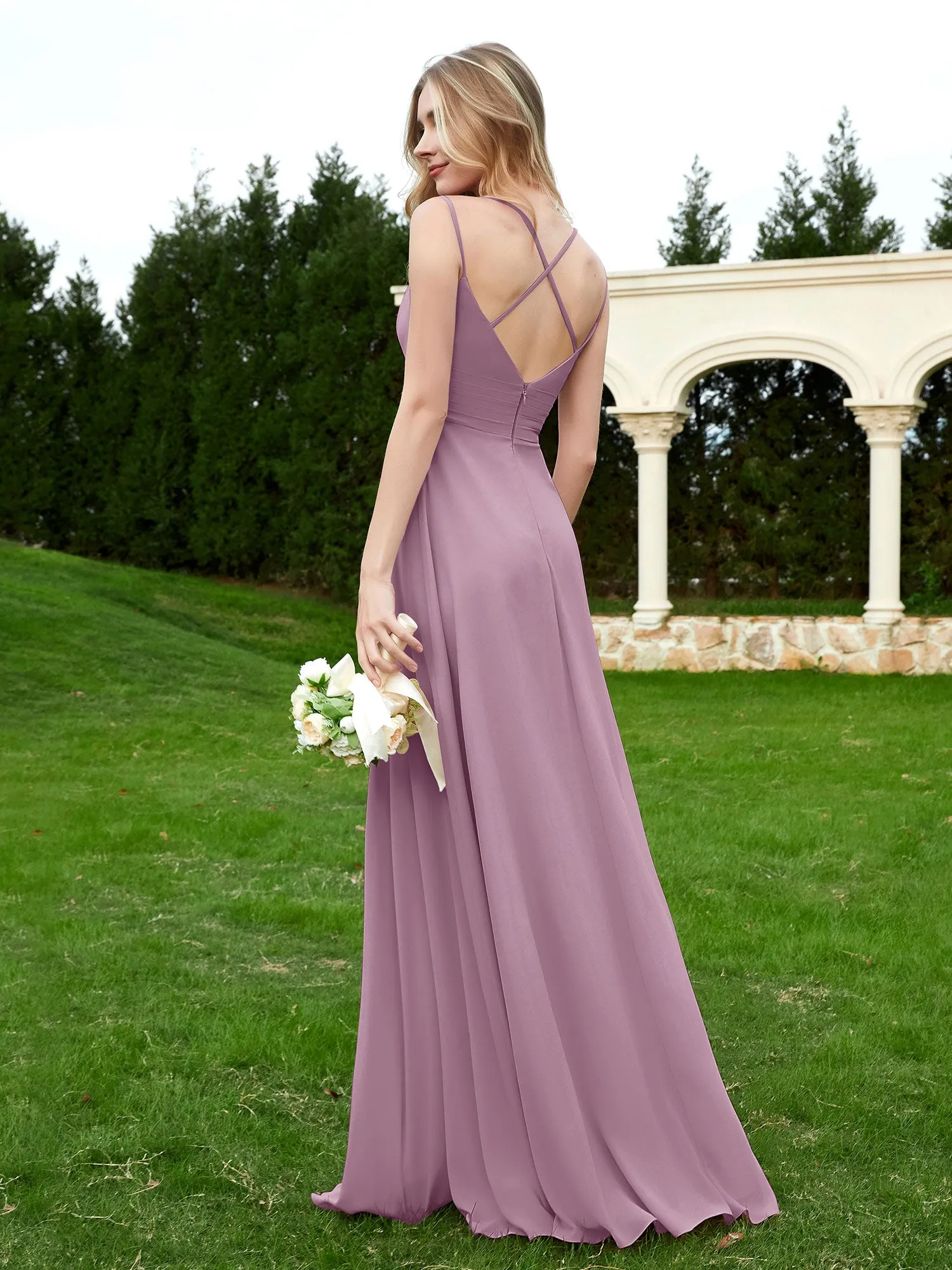 Floor Length V Neck Chiffon Bridesmaid Gown Wisteria