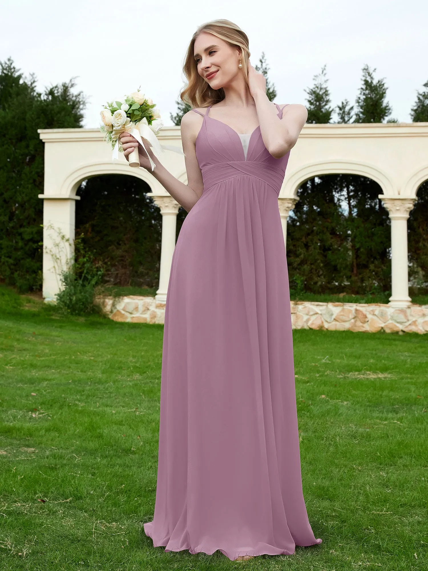 Floor Length V Neck Chiffon Bridesmaid Gown Wisteria