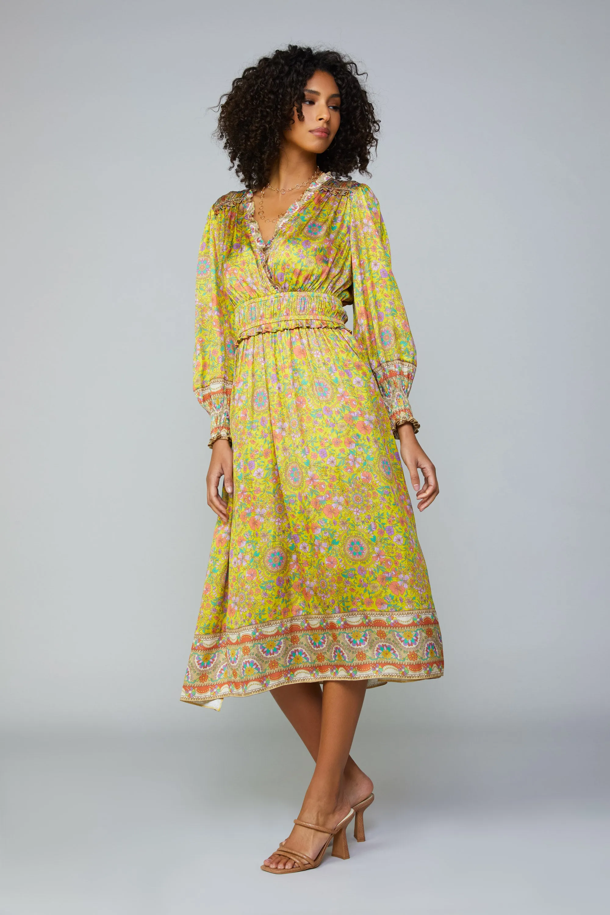 Floral Border Print Surplice Midi Dress