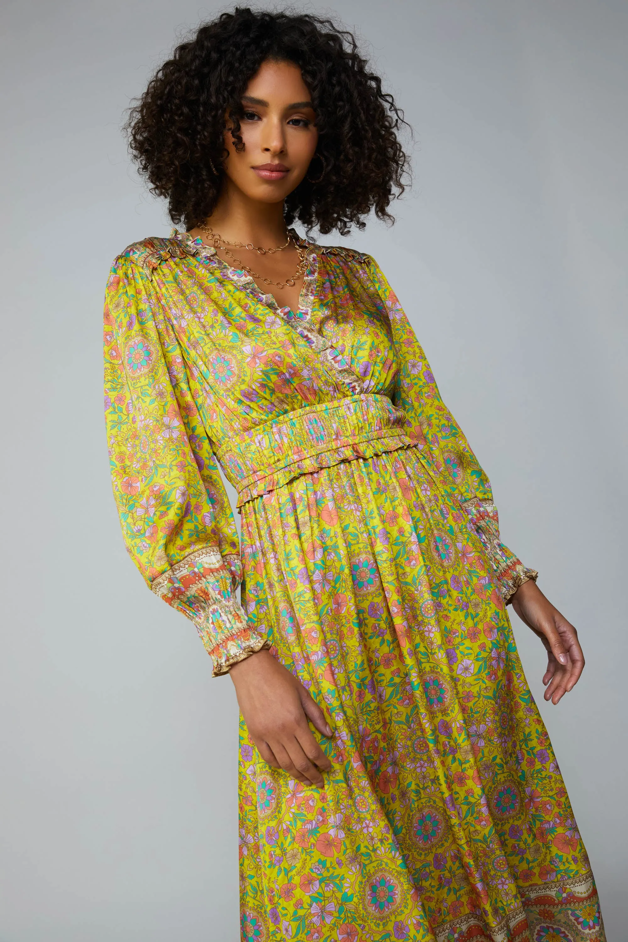 Floral Border Print Surplice Midi Dress