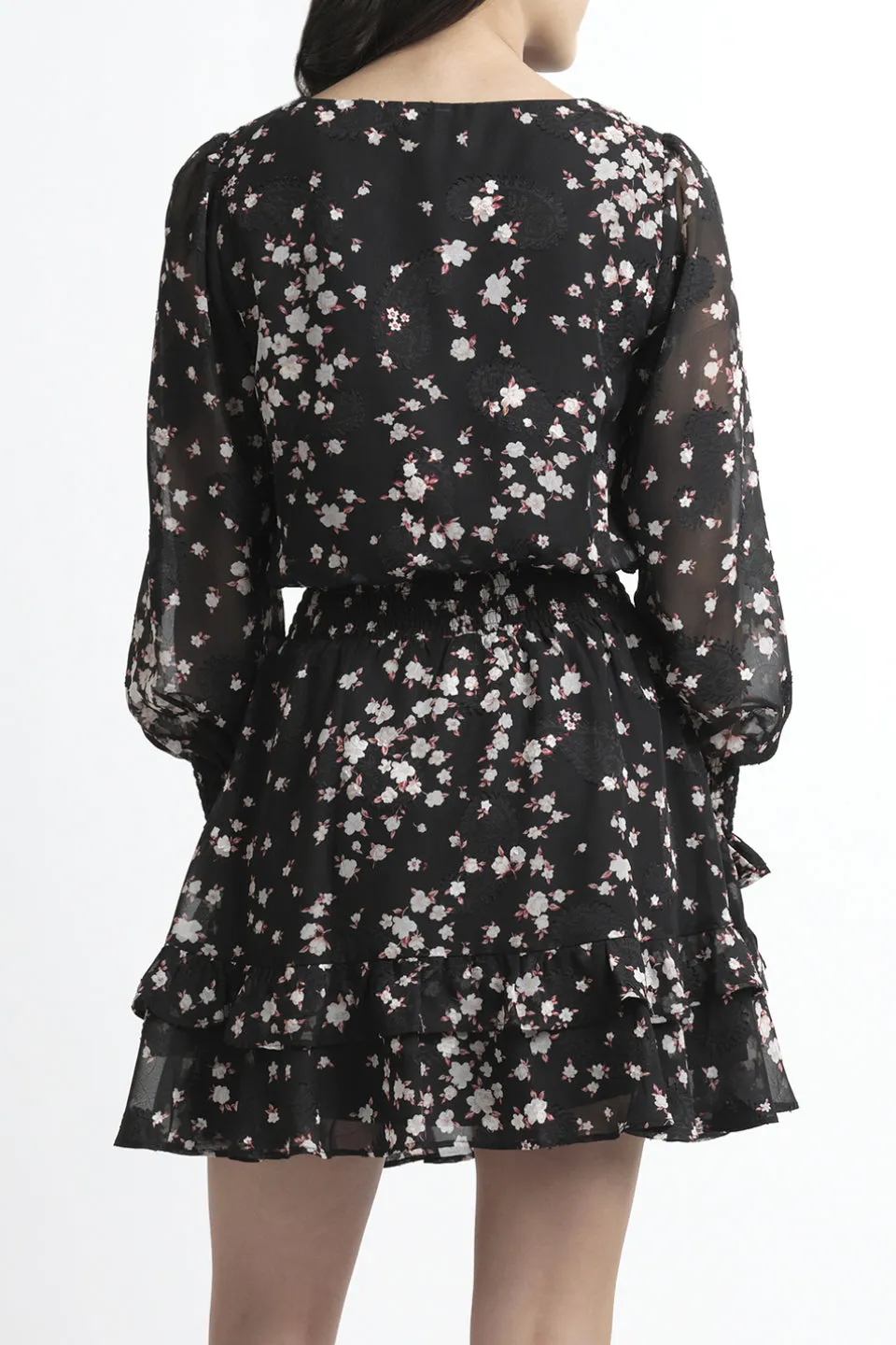 Florida LS Black Floral Shirred Waist Dress