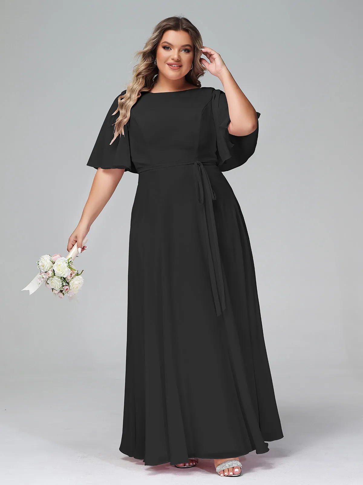 Flutter Sleeves Chiffon Max Dresses with Sash Bow-Black Plus Size