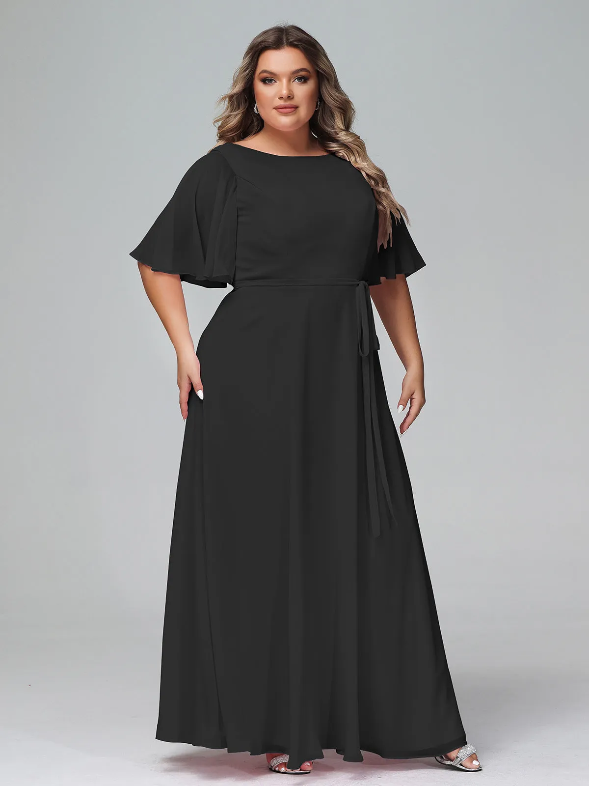 Flutter Sleeves Chiffon Max Dresses with Sash Bow-Black Plus Size