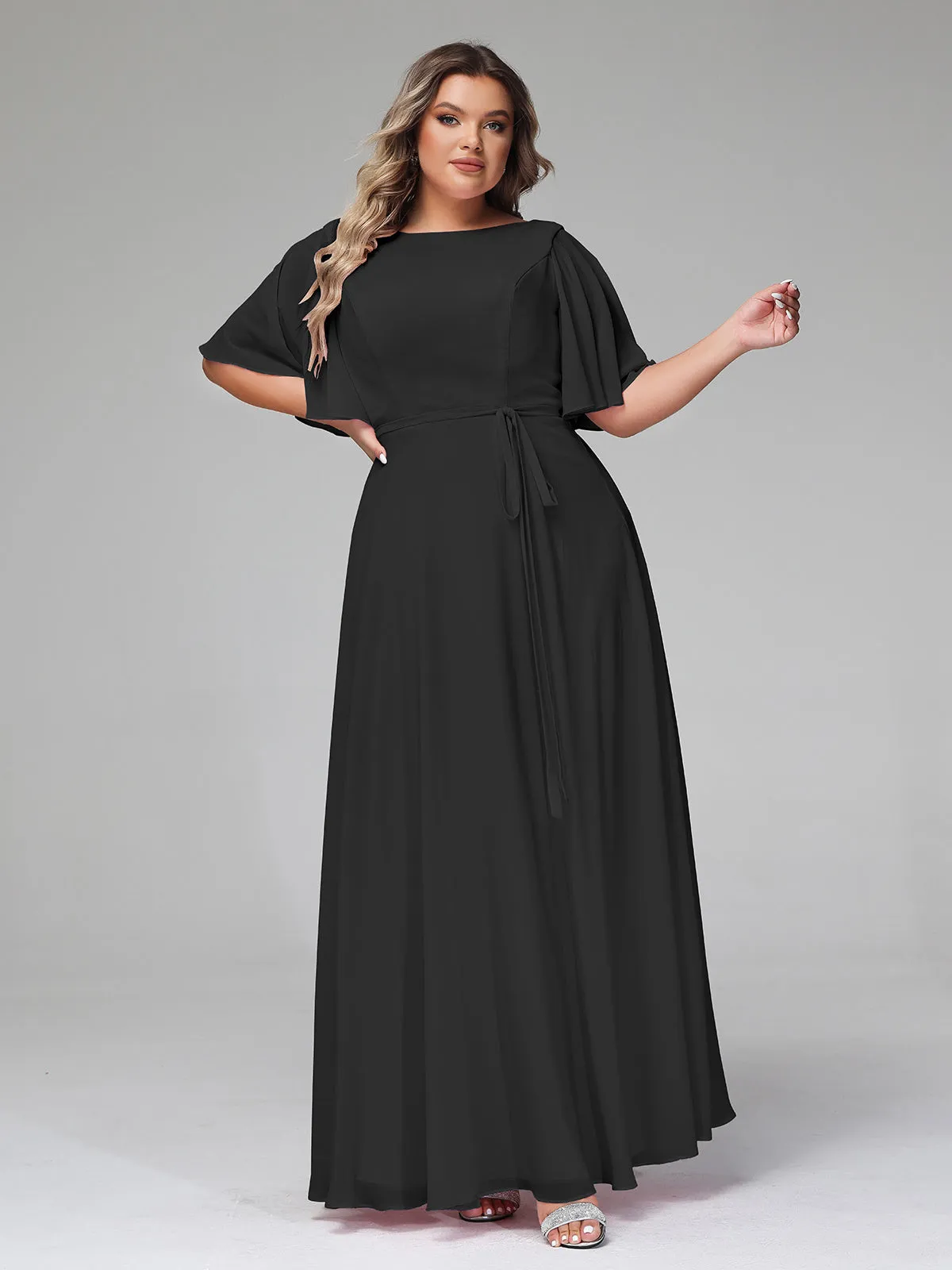 Flutter Sleeves Chiffon Max Dresses with Sash Bow-Black Plus Size