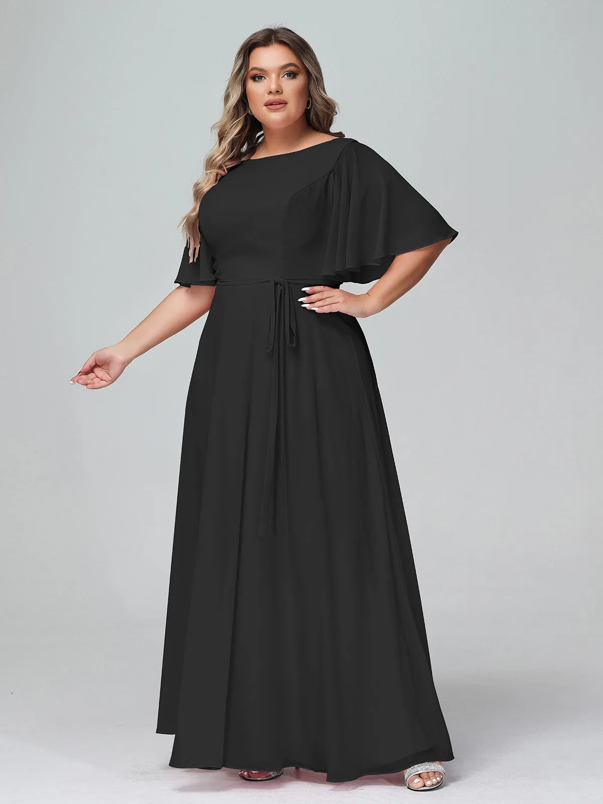 Flutter Sleeves Chiffon Max Dresses with Sash Bow-Black Plus Size