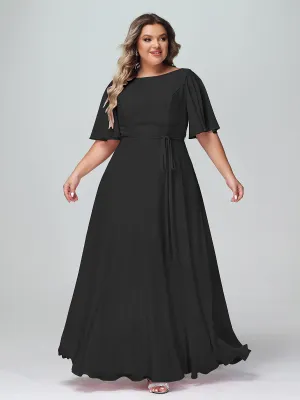 Flutter Sleeves Chiffon Max Dresses with Sash Bow-Black Plus Size