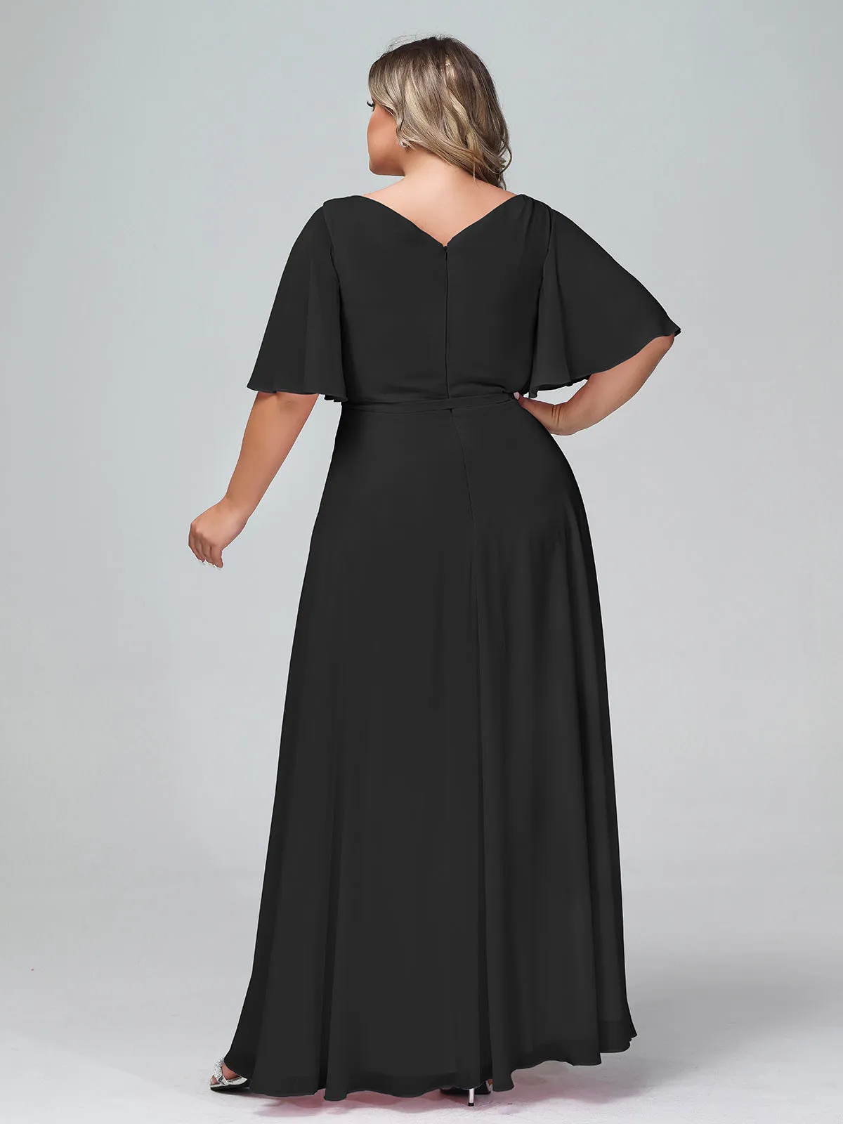 Flutter Sleeves Chiffon Max Dresses with Sash Bow-Black Plus Size