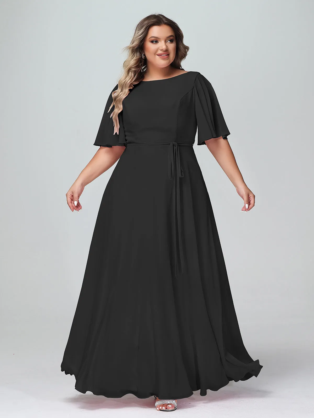 Flutter Sleeves Chiffon Max Dresses with Sash Bow-Black Plus Size