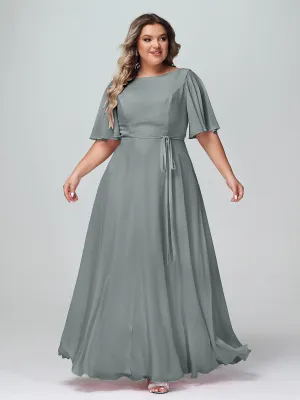 Flutter Sleeves Chiffon Max Dresses with Sash Bow-Steel Grey Plus Size