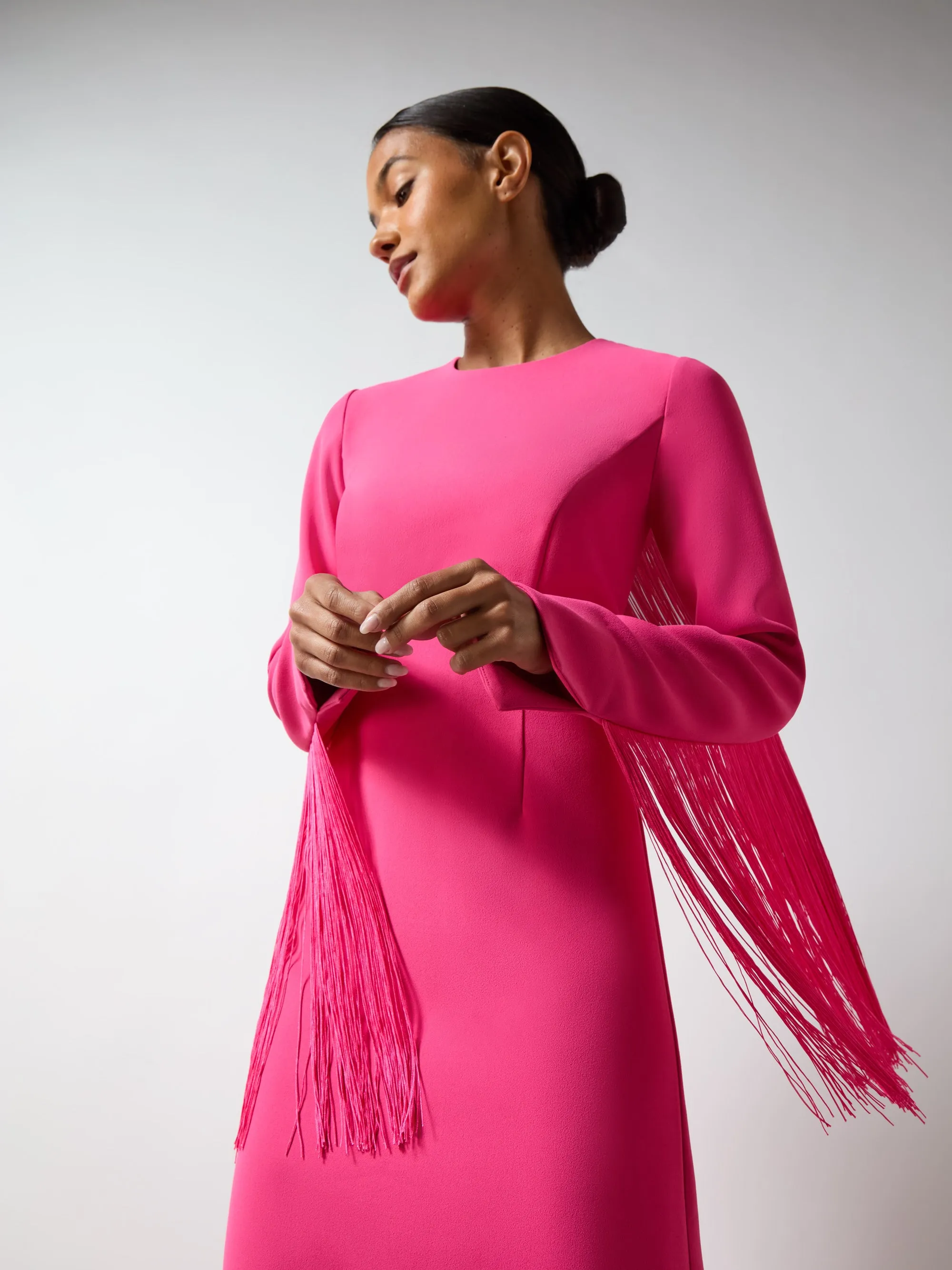 Francesca Pink Fringe Detail Midi Dress