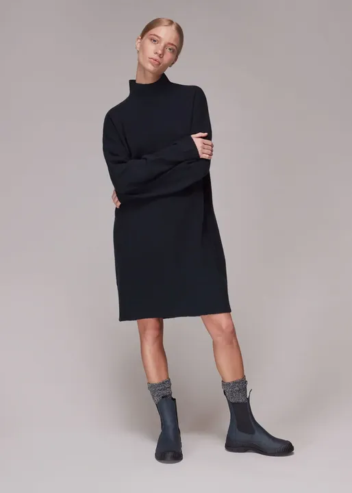 Funnel Neck Knit Dress - Navy