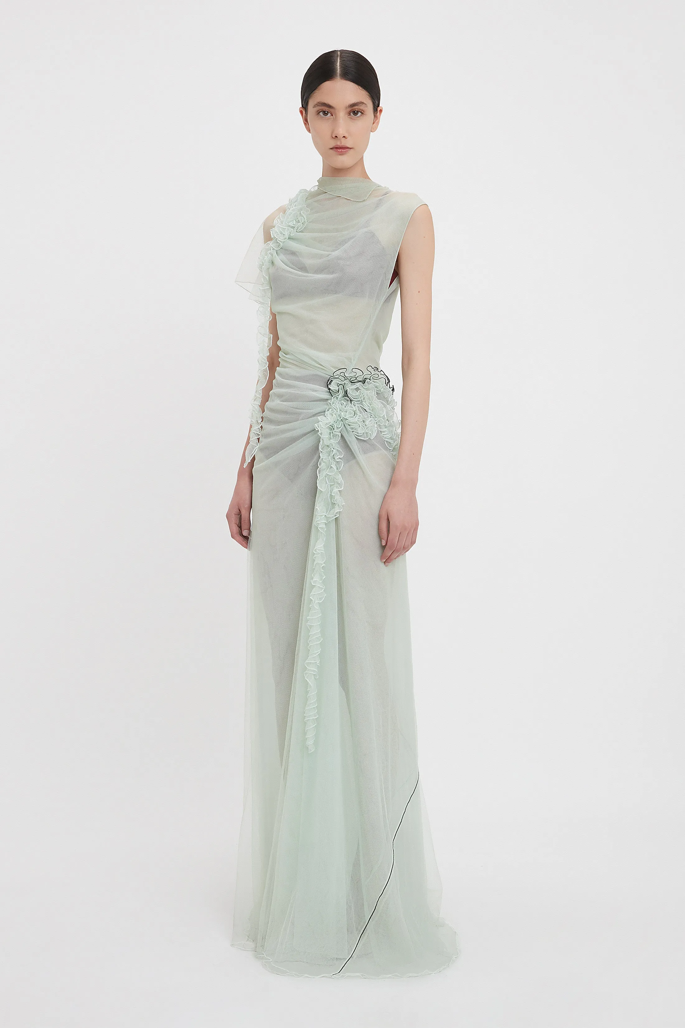 Gathered Tulle Detail Floor-Length Dress In Jade