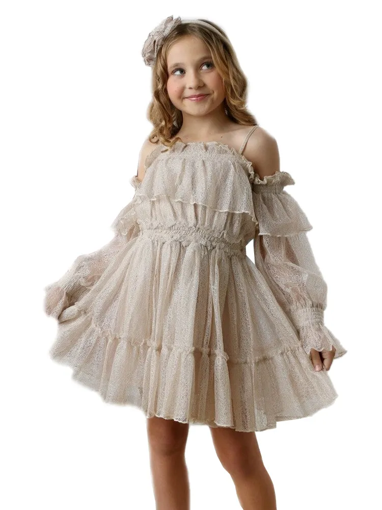 Girls Ivory Glitter Cold Shoulder Avery Dress, Sizes 12M-14