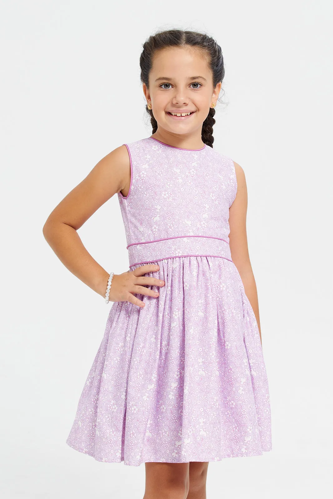 Girls Lilac Printed Satin Dress