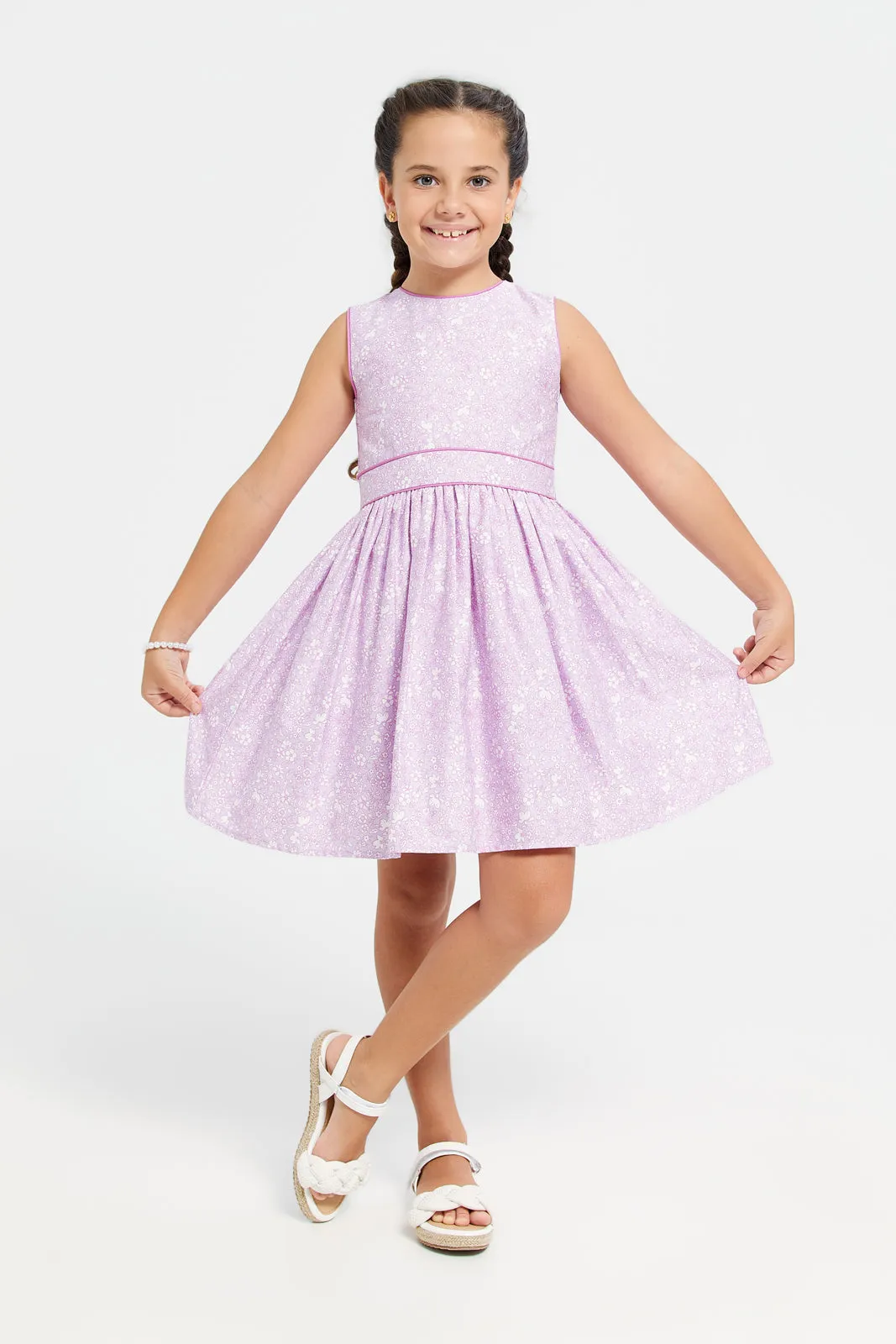 Girls Lilac Printed Satin Dress