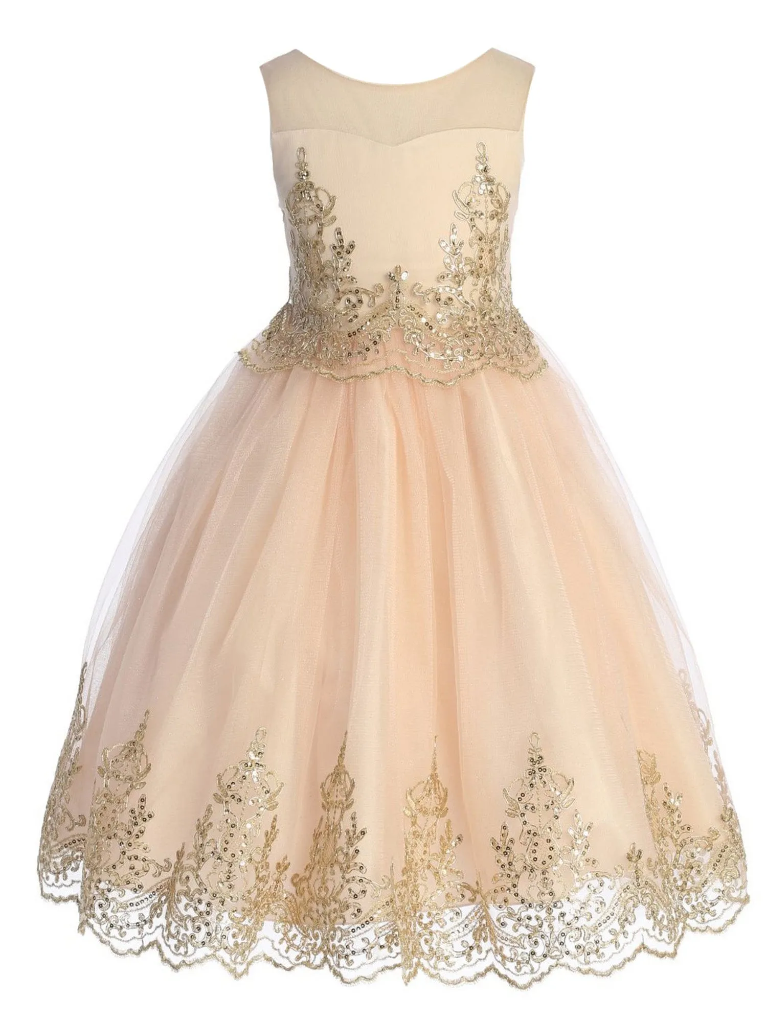 Girls Multi Color Gold Cording Embroidery Glitter Tulle Flower Girl Dress 4-14