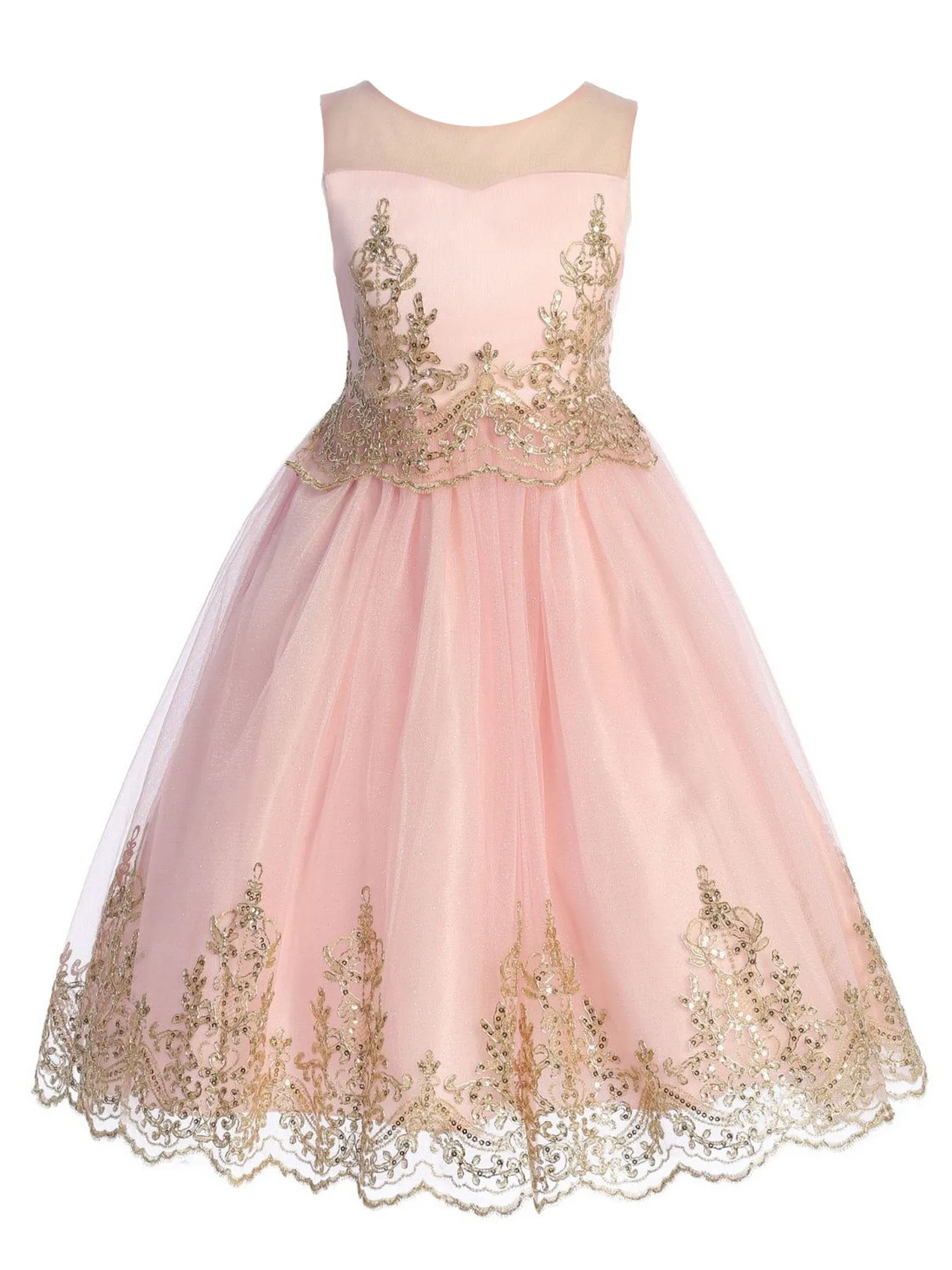 Girls Multi Color Gold Cording Embroidery Glitter Tulle Flower Girl Dress 4-14