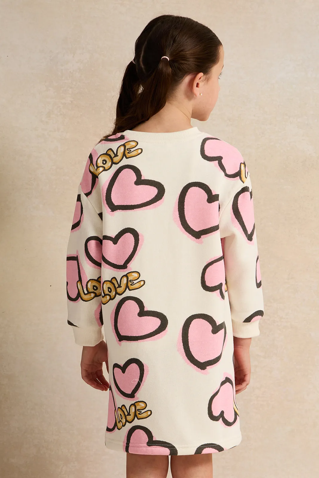 Girls White Heart Printed Sweatshirt Dress