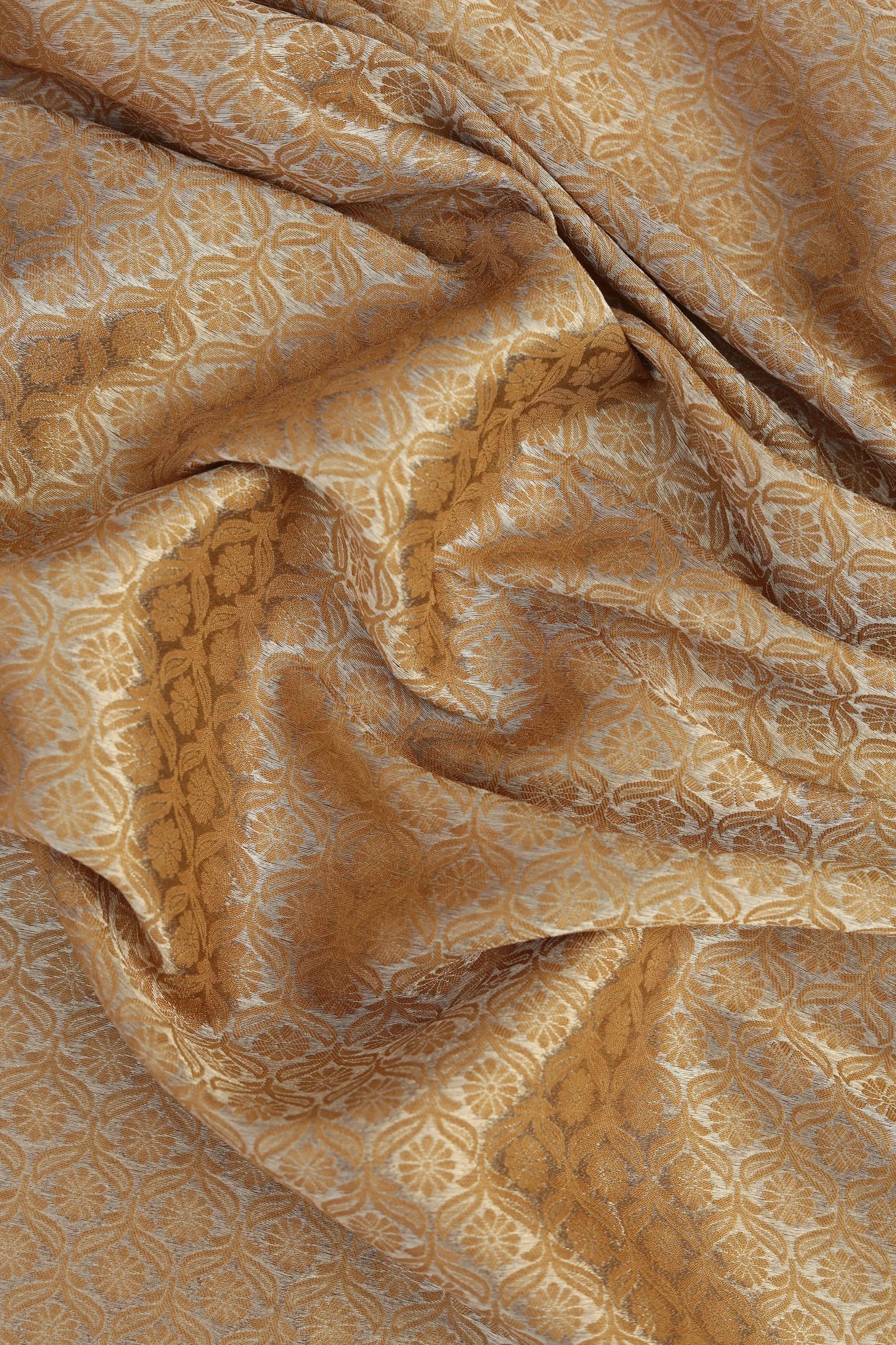 Golden Brown Pure Two Tone Banarasi Gold Zari with Ornate Jal Butta Jacquard Fabric