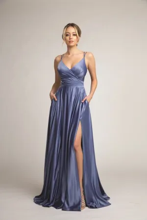 Grey Satin V-Shaped Long Evening Dress