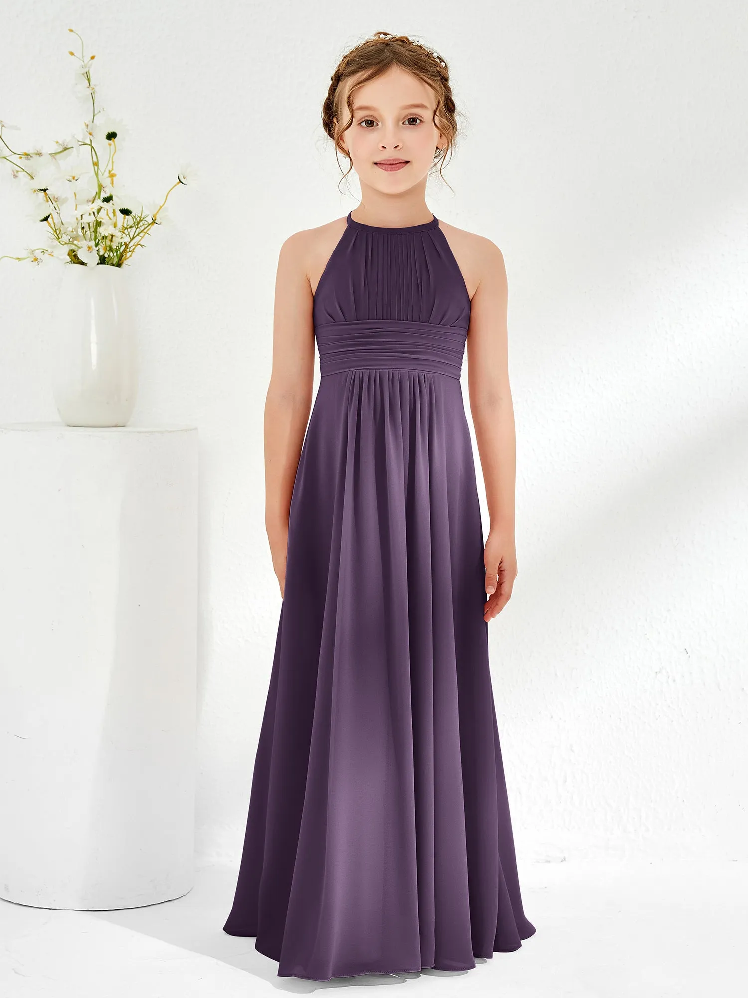 Halter Chiffon Junior Bridesmaid Dresses Plum