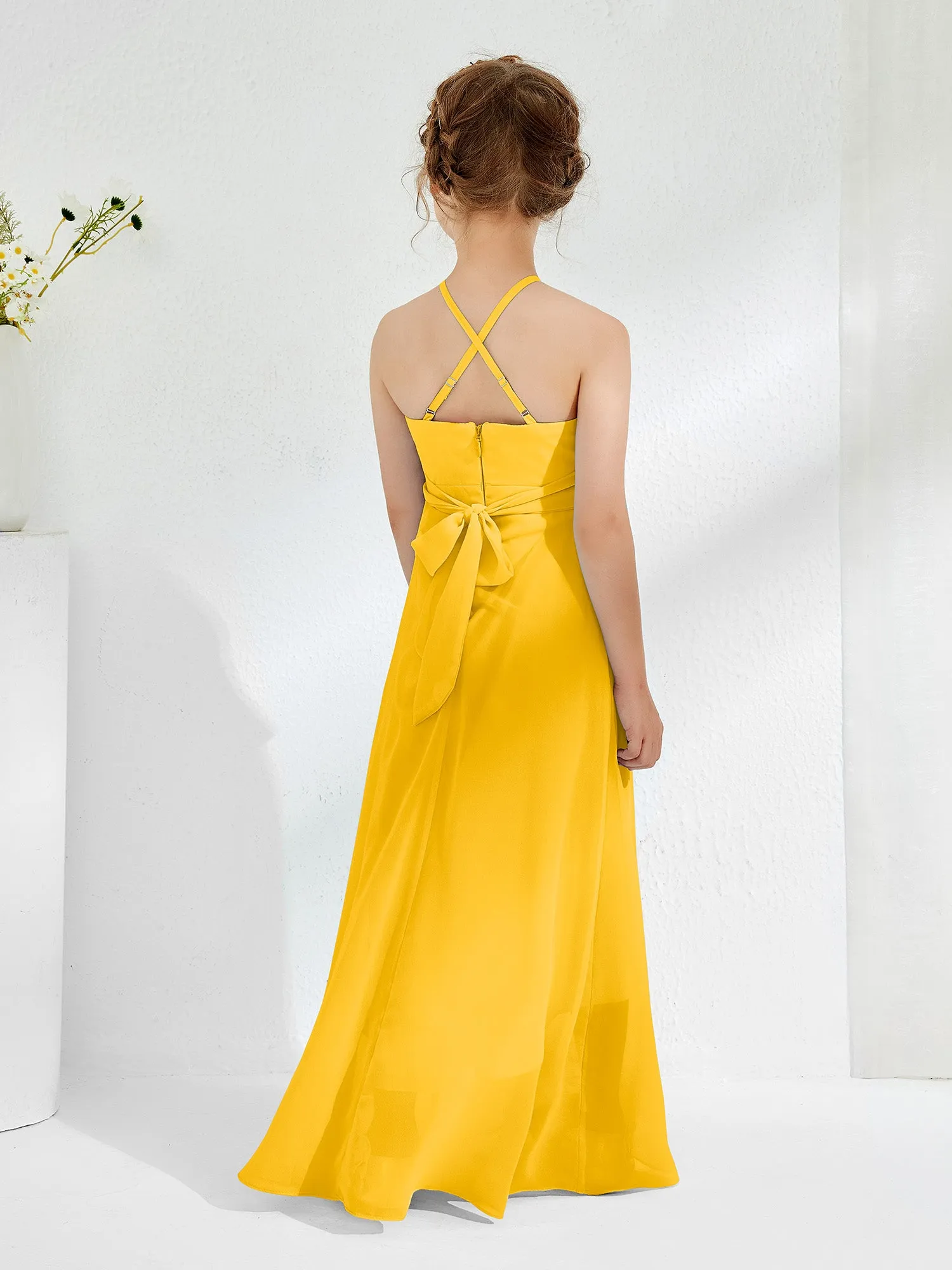 Halter Neckline Junior Bridesmaid Dresses with Sash Marigold