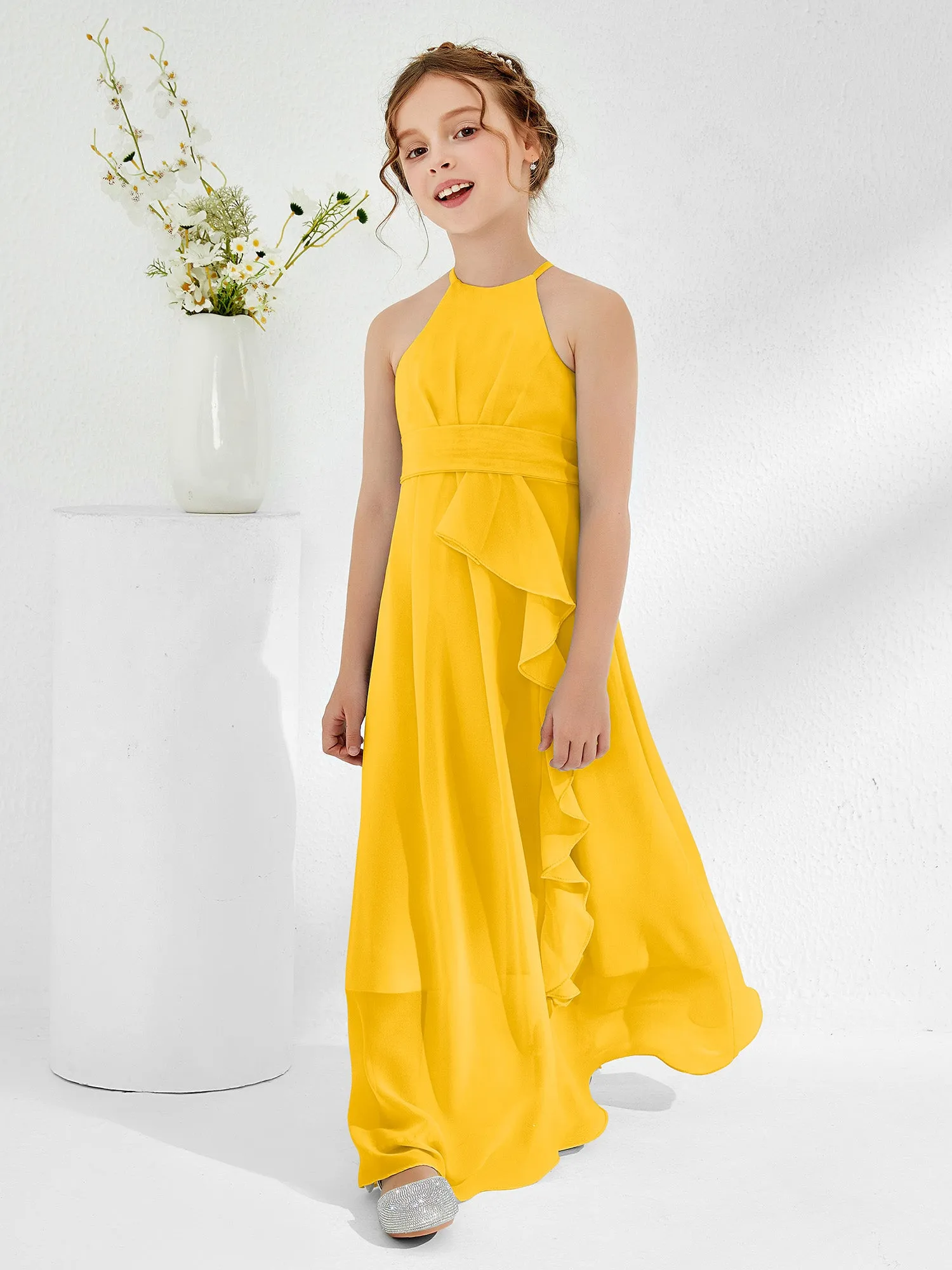 Halter Neckline Junior Bridesmaid Dresses with Sash Marigold