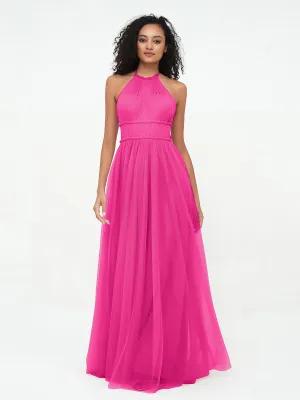 Illusion Halter Tulle Maxi Boho Dresses-Fuchsia Plus Size