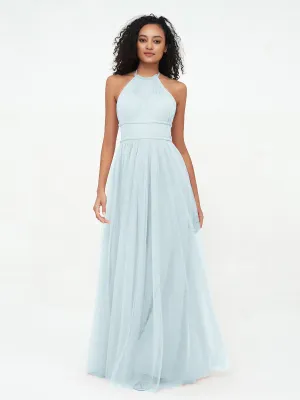 Illusion Halter Tulle Maxi Boho Dresses-Mist