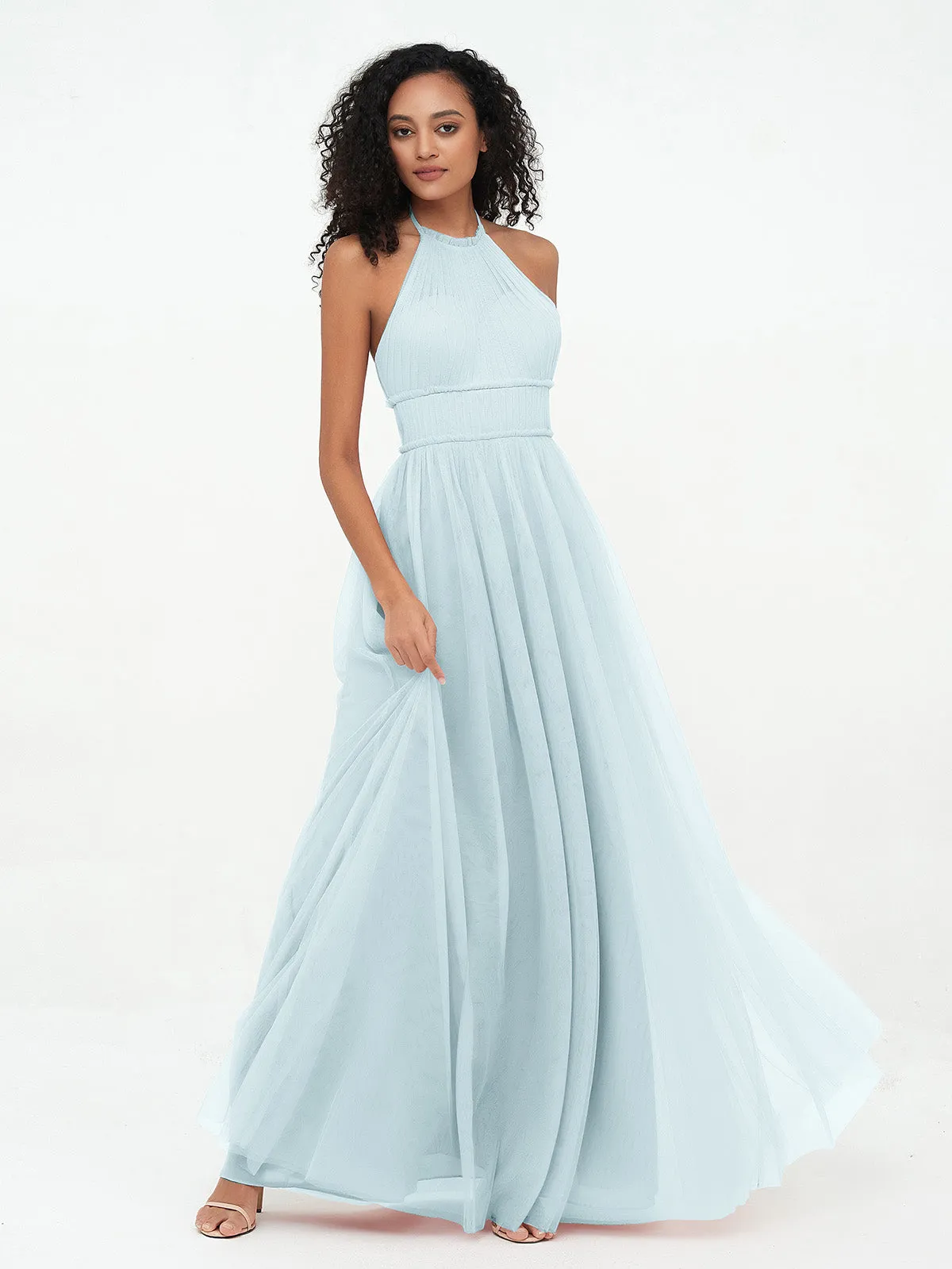 Illusion Halter Tulle Maxi Boho Dresses-Mist