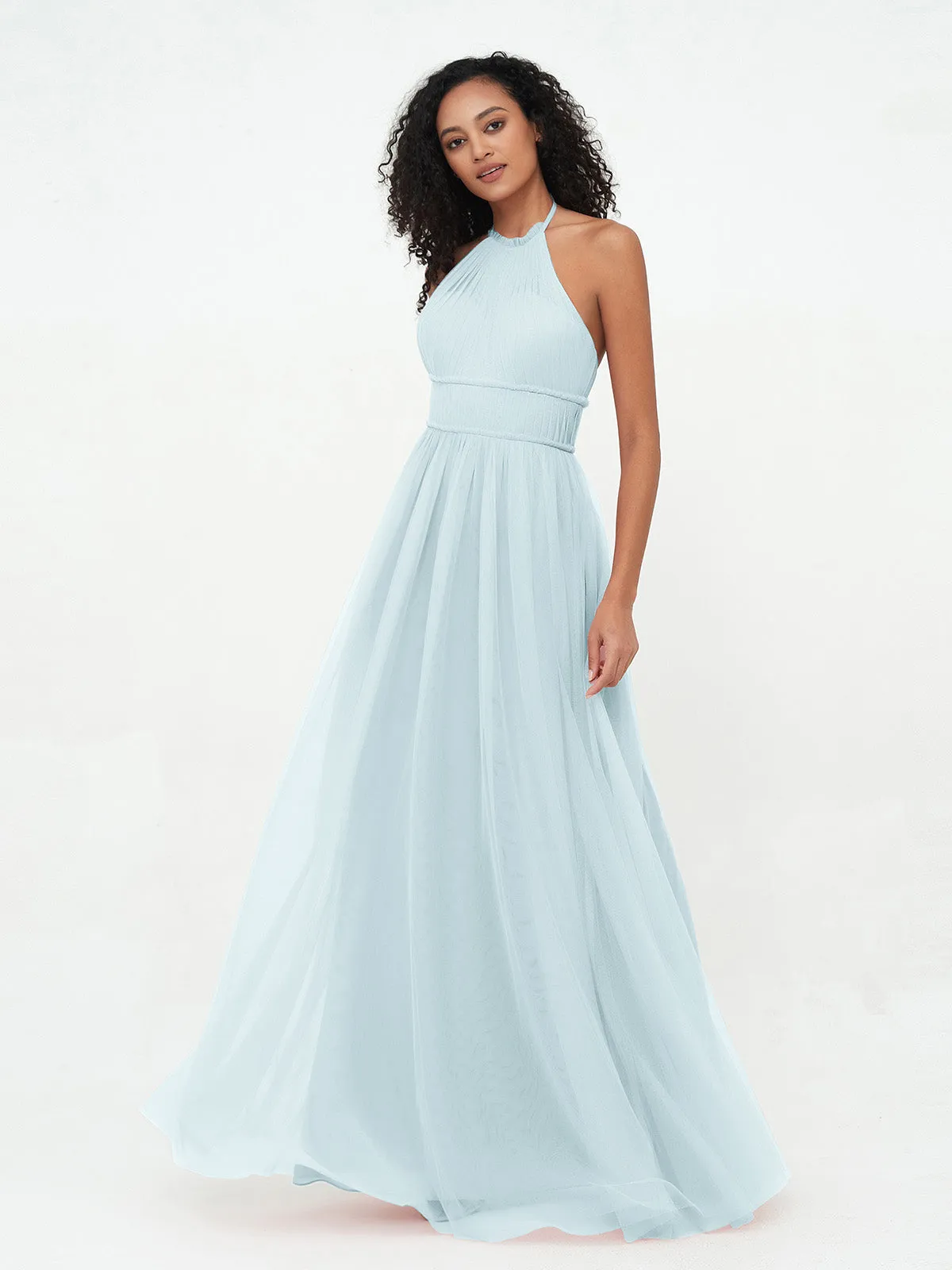 Illusion Halter Tulle Maxi Boho Dresses-Mist