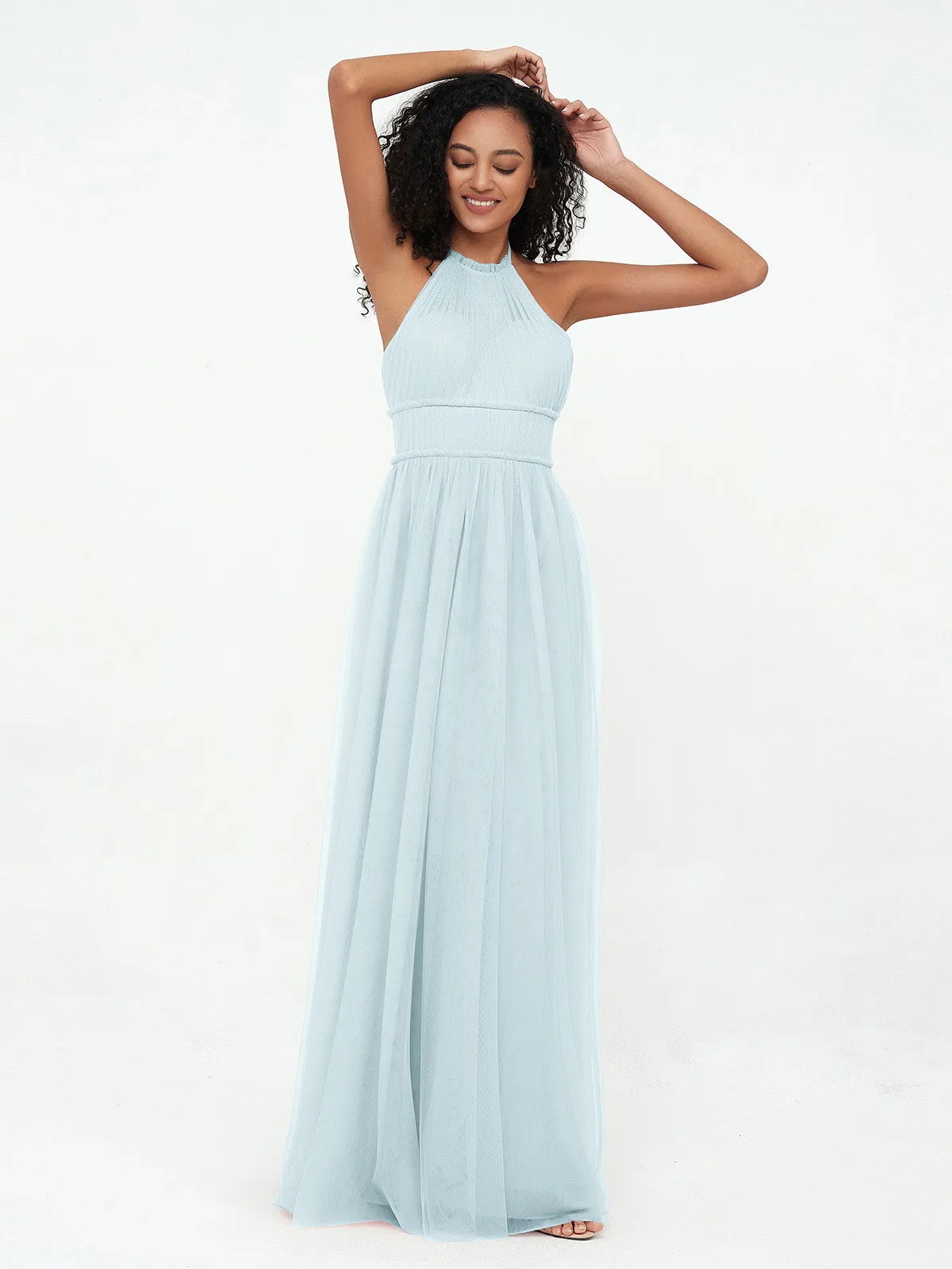 Illusion Halter Tulle Maxi Boho Dresses-Mist