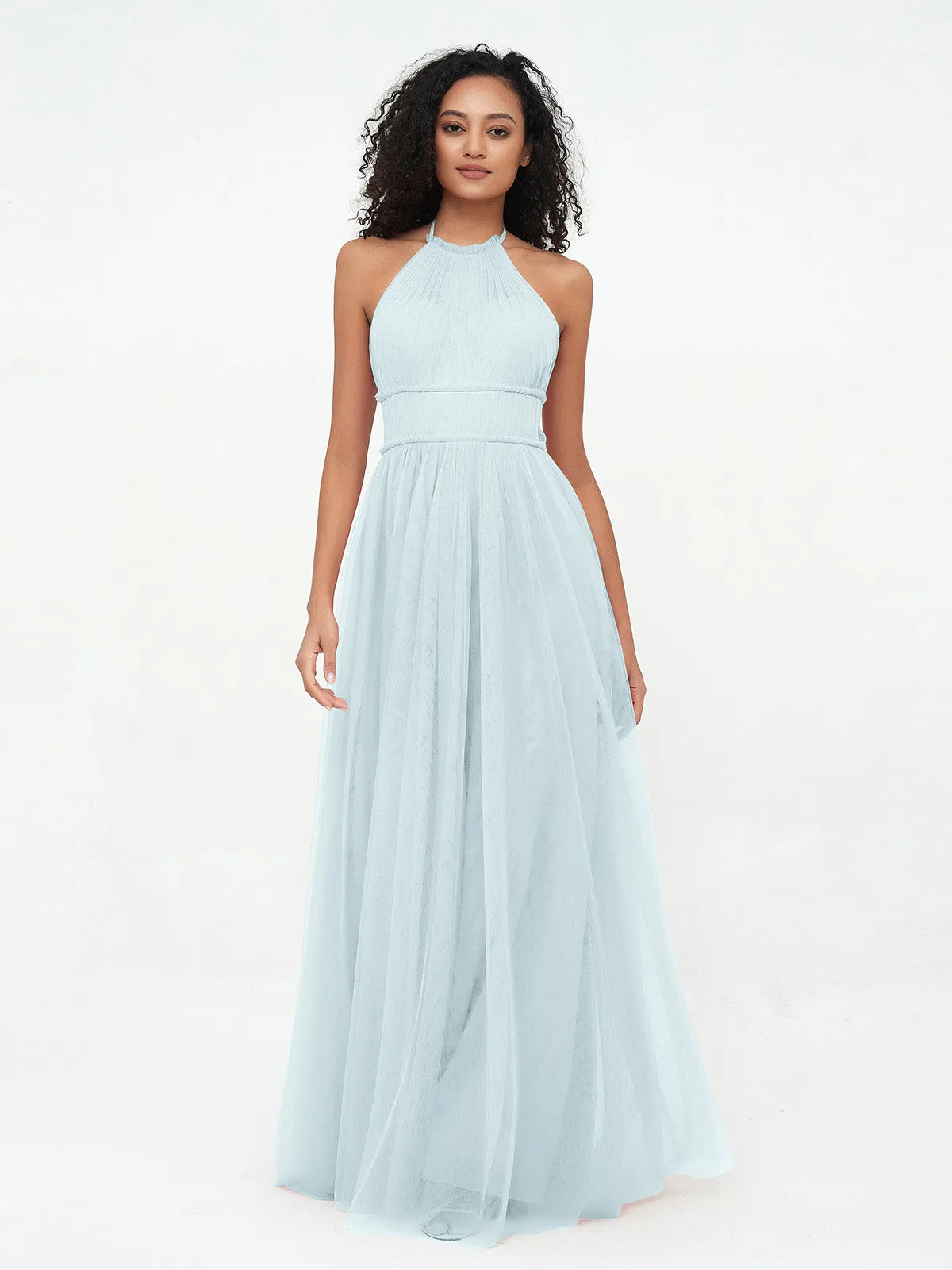 Illusion Halter Tulle Maxi Boho Dresses-Mist