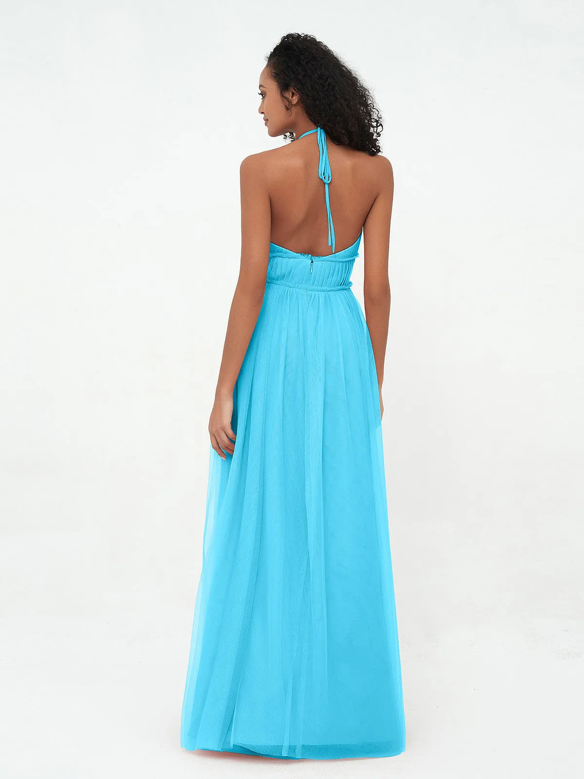 Illusion Halter Tulle Maxi Boho Dresses-Pool Plus Size