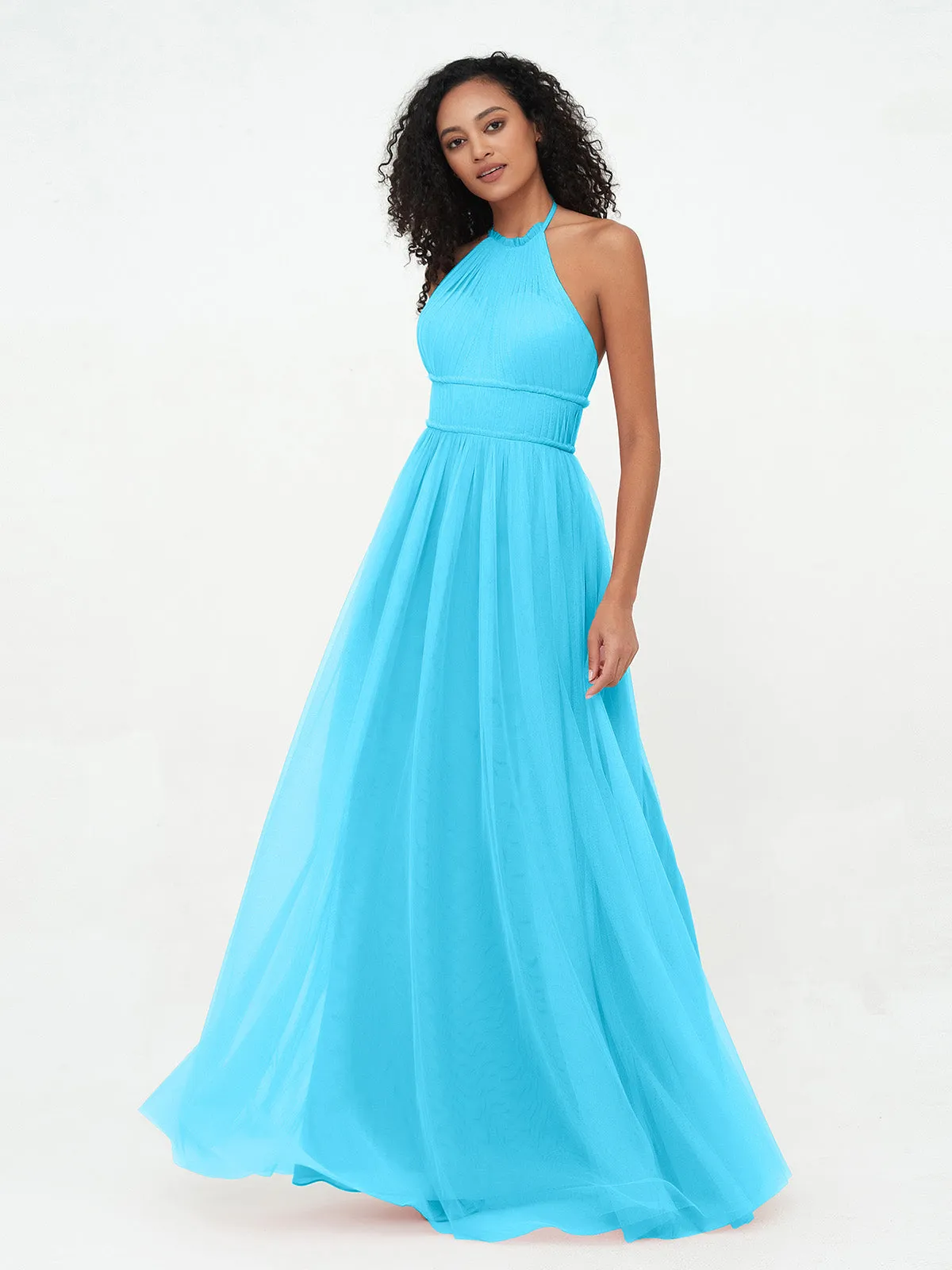 Illusion Halter Tulle Maxi Boho Dresses-Pool Plus Size