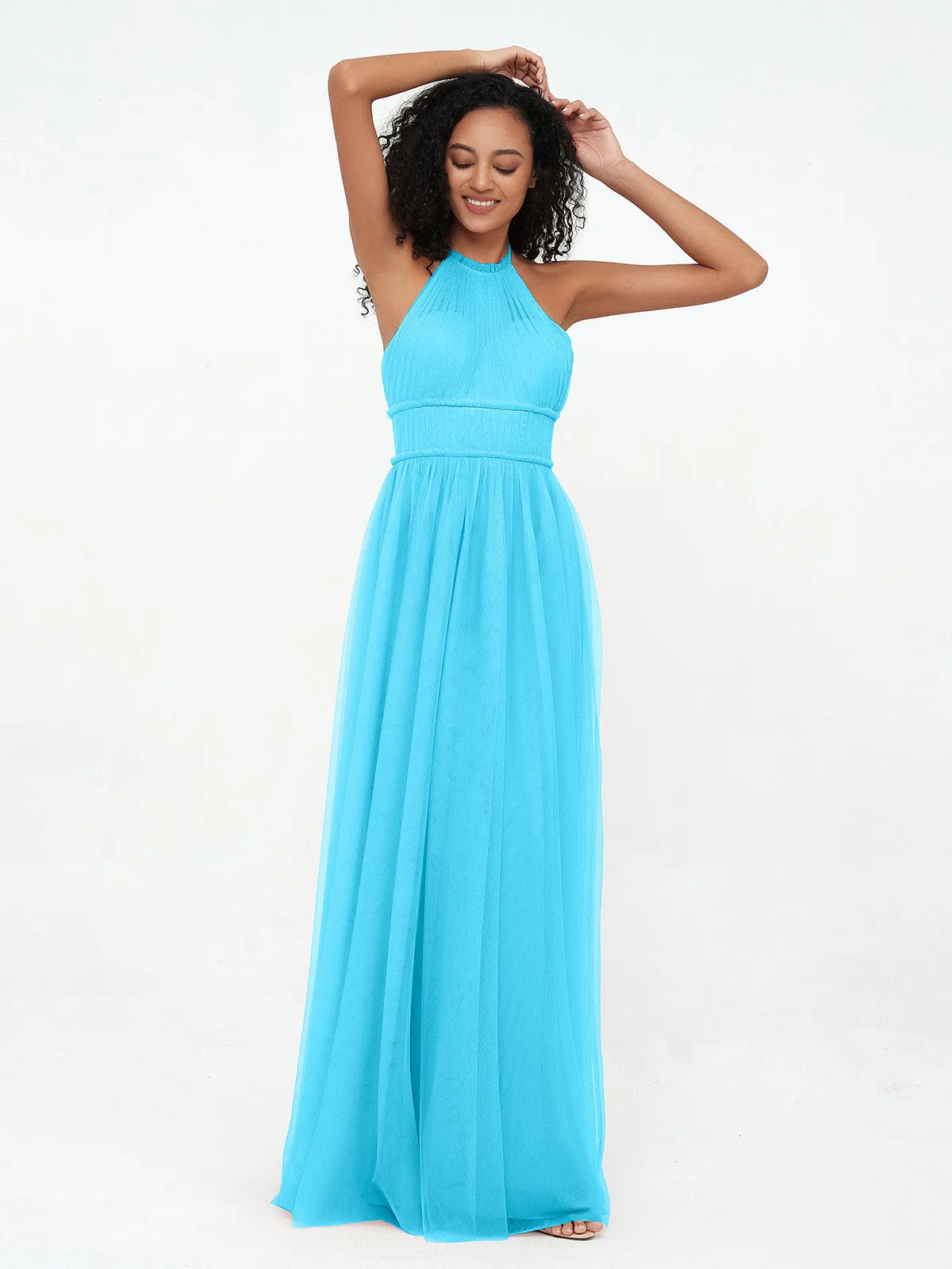 Illusion Halter Tulle Maxi Boho Dresses-Pool Plus Size