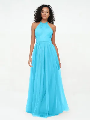 Illusion Halter Tulle Maxi Boho Dresses-Pool Plus Size